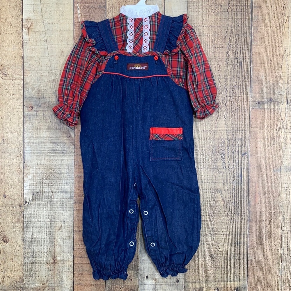 Jordache Vintage One Piece‎ Bibs Red Plaid Prairie Girls Size 12 Months
